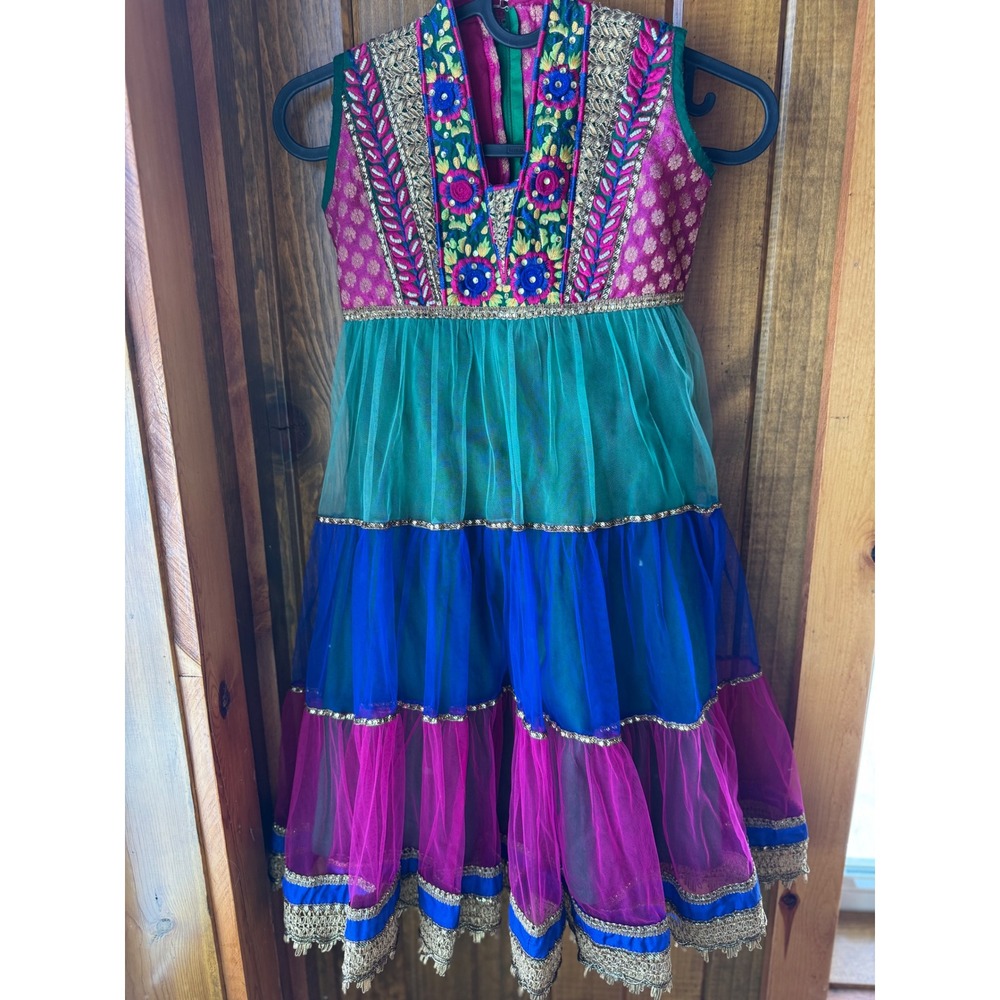 Kids Girls Colorful Tiered Frock Dress Embellished Neckline Indian Inspired